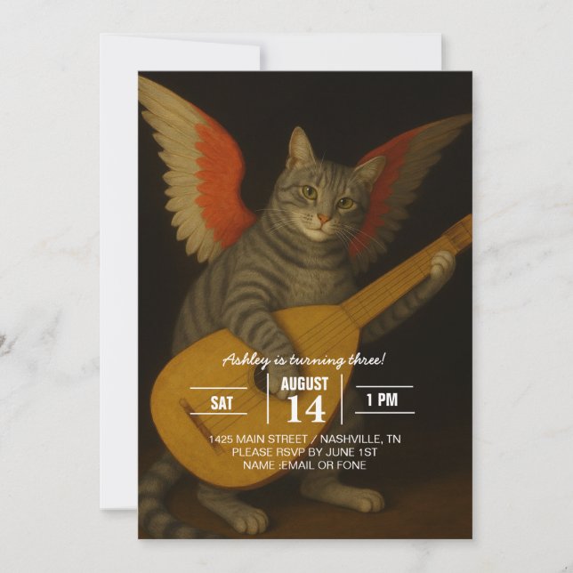 Invitation Chat musicien ailé jouant du luth Art (Devant)