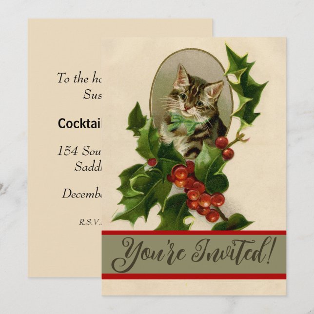 Invitation Chat Noël Joyau Holly Kitten Art antique (Devant / Derrière)