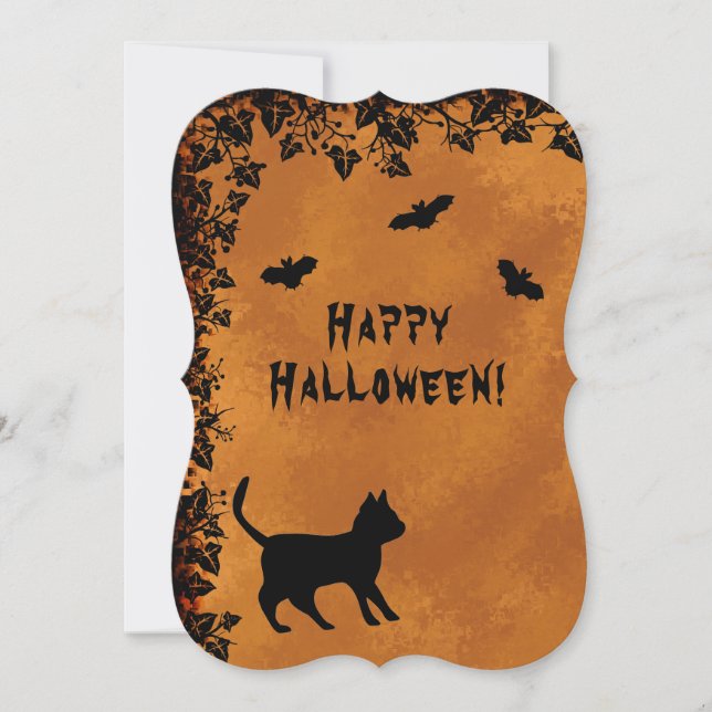 Invitation Chat noir avec chauve-souris, Happy Halloween (Devant)