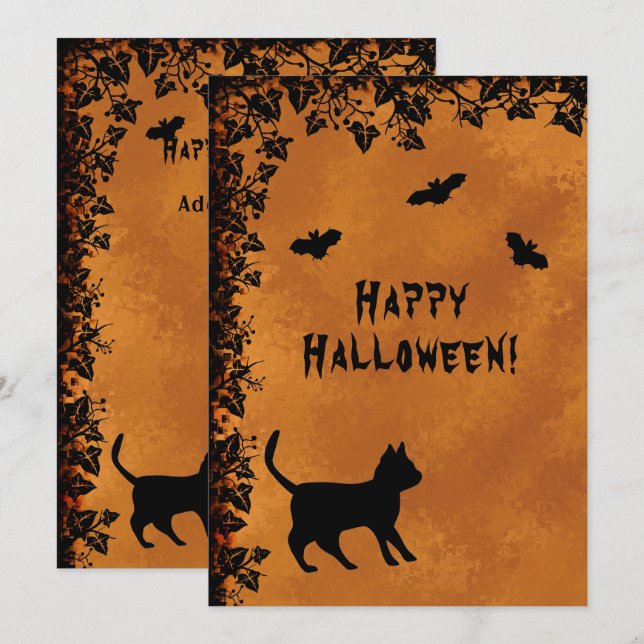 Invitation Chat noir avec chauve-souris, Happy Halloween (Devant / Derrière)