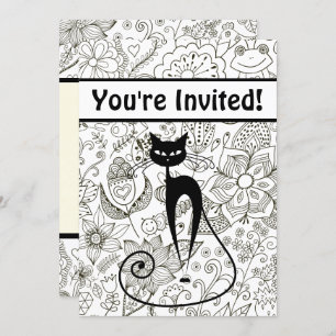 Invitation Chat noir avec Jardin noir et blanc Anniversaire