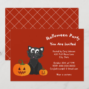 Invitation Chat noir Citrouilles Rouge Orange Halloween