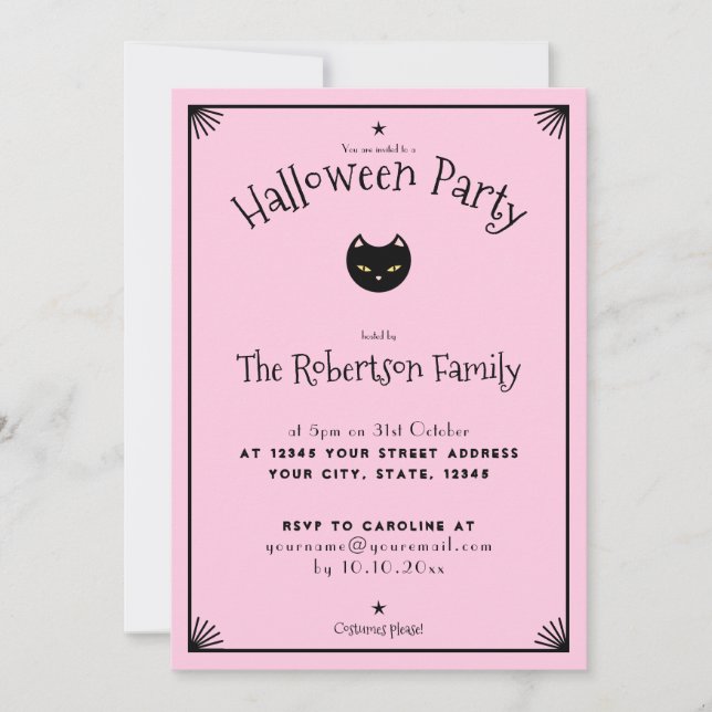 Invitation Chat noir clair Pastel rose pâle Halloween (Devant)