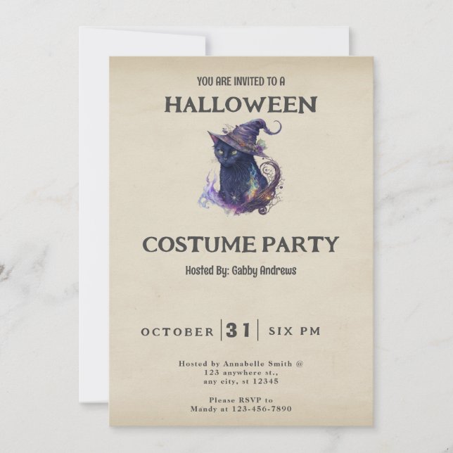 Invitation Chat noir dans le chapeau de sorcière Halloween vi (Devant)