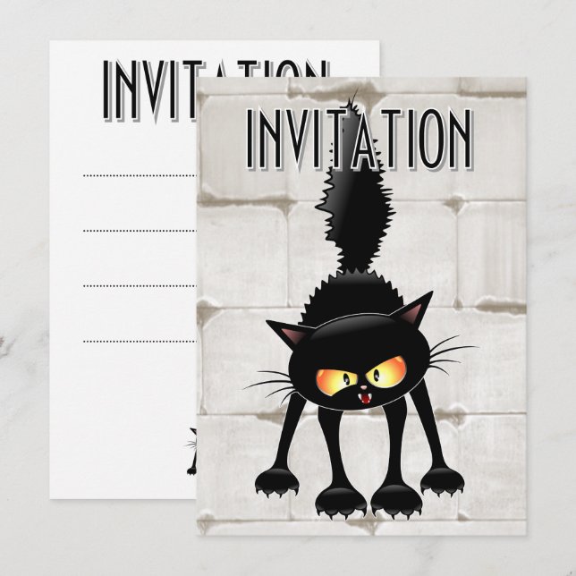 Invitation Chat noir de dessin animé drôle et féroce  (Devant / Derrière)