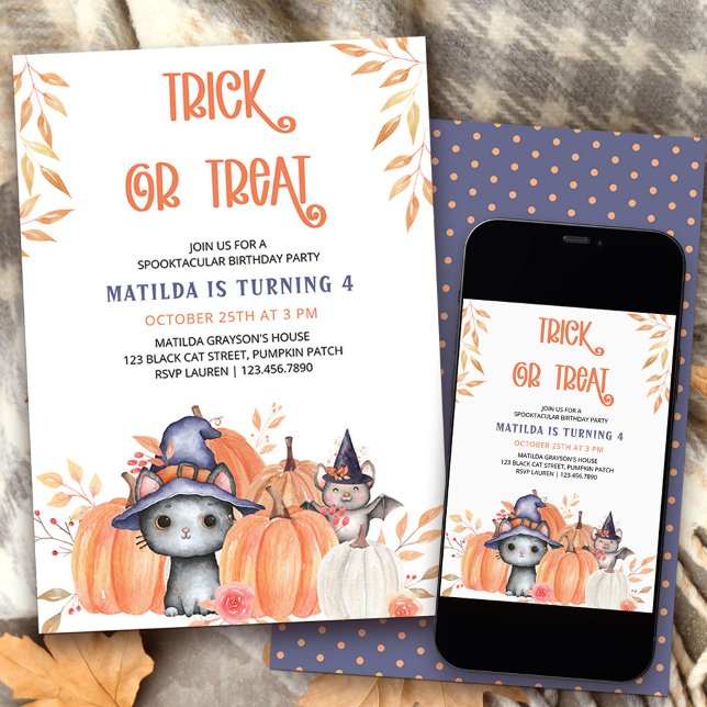 Invitation Chat noir de la veille de la Toussaint Patch d'ann (Trick or Treat Halloween birthday party invitation with cute black cat and quirky wording)