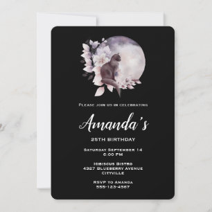 Invitation Chat noir devant une Pleine lune magique Anniversa