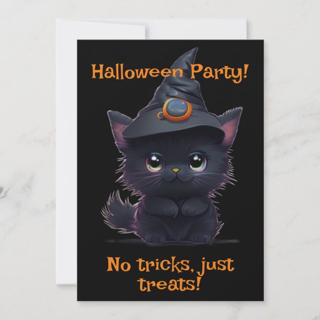 Invitation Chat noir d'Halloween blanc mignon (Devant)