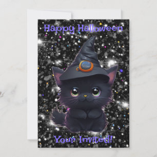 Invitation Chat noir d'Halloween blanc mignon