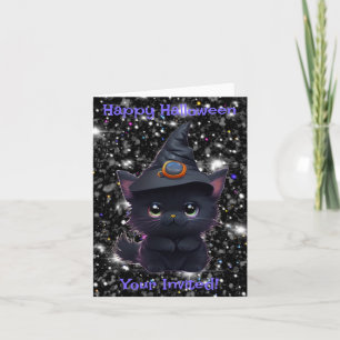 Invitation Chat noir d'Halloween blanc mignon