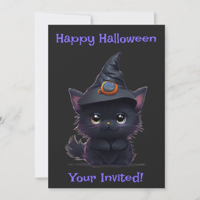 Invitation Chat noir d'Halloween blanc mignon (Devant)