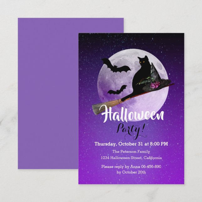 Invitation Chat noir d'Halloween sur Broom Pleine lune Party (Devant / Derrière)