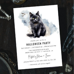 Invitation Chat noir éffrayant   Cute Witchy Halloween Party