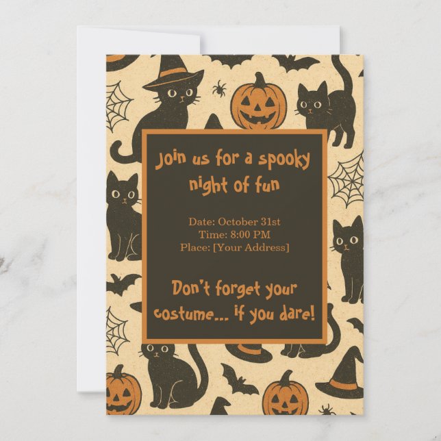 Invitation Chat noir éffrayant et fête d'Halloween Citrouille (Devant)