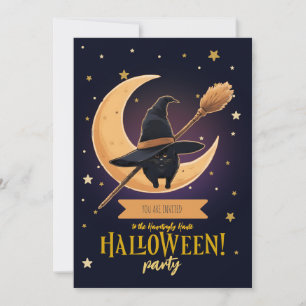 Invitation Chat noir élégant Croissant de Lune Balai Hallowee