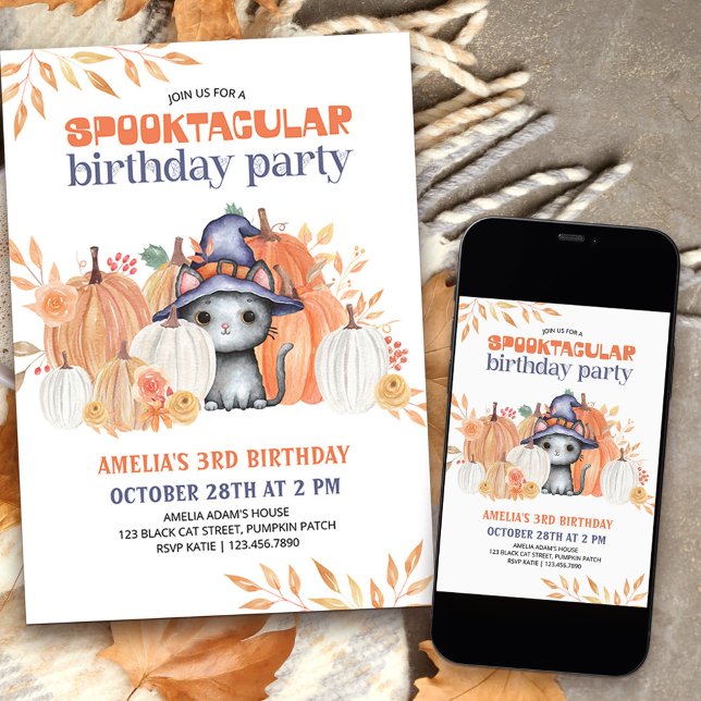Invitation Chat noir en sorcier Casquette Spooktacular Annive (Spooktacular birthday party invitation for kids with cute halloween themed design)