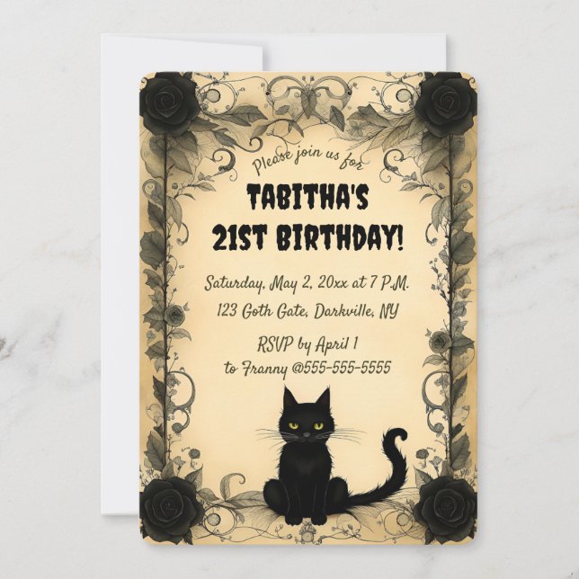 Invitation Chat noir et fleurs noires modifiables (Devant)