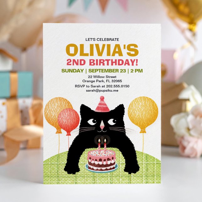 Invitation Chat noir et gâteau d'anniversaire. (Créateur téléchargé)