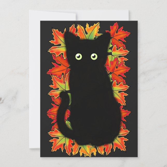 Invitation Chat noir, Feuilles d'automne motif, Halloween amu (Devant)