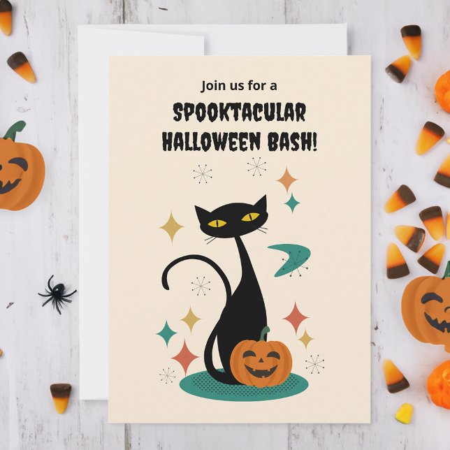 Invitation Chat noir Halloween du milieu du siècle (Créateur téléchargé)