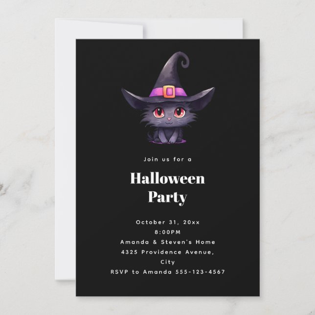 Invitation Chat noir mignon avec un chapeau de sorcière pour  (Devant)