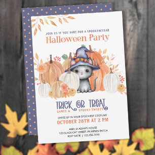 Invitation Chat noir mignon en Sorcière Casquette Enfants Hal