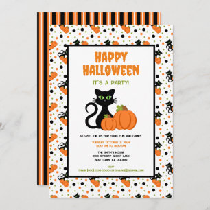 Invitation Chat noir mignon et Citrouille heureux Halloween