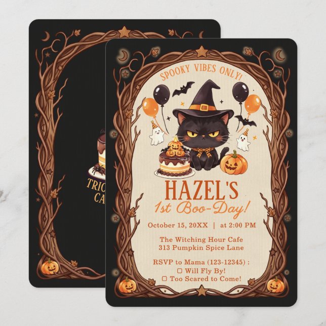 Invitation Chat noir mignon et effrayant Halloween Sorcière 1 (Devant / Derrière)