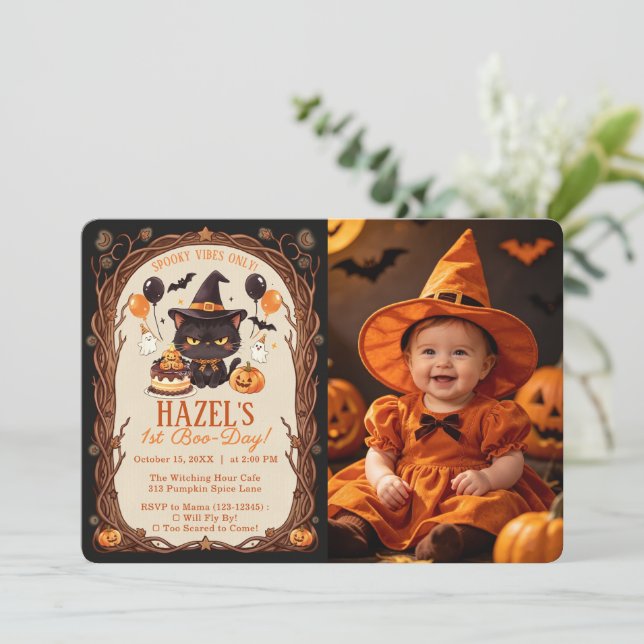 Invitation Chat noir mignon et effrayant Halloween Sorcière 1 (Debout devant)