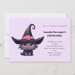 Invitation Chat noir mignon portant une sorcière Casquette An