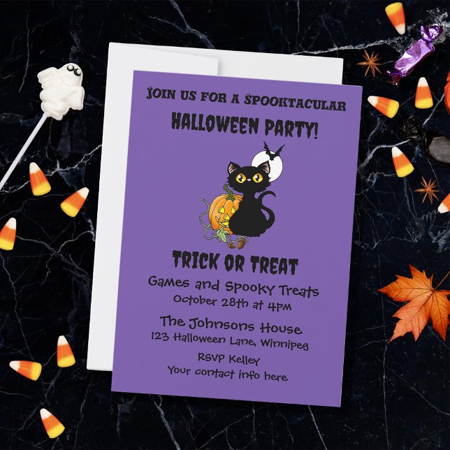 Invitation Chat noir mignon violet Halloween Citrouille (Créateur téléchargé)