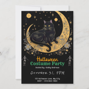 Invitation Chat noir sur une lune de croissant Halloween noir