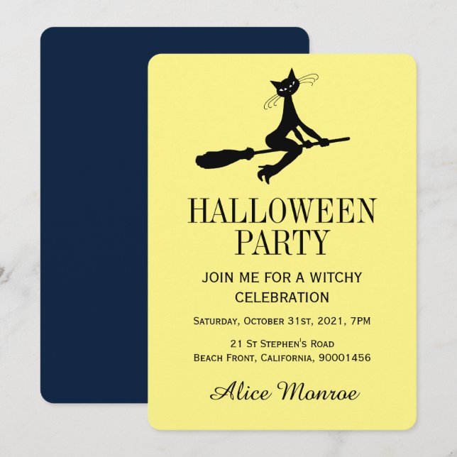 Invitation Chat On Broomstick, Parti D'Halloween (Devant / Derrière)