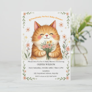 Invitation Chat orange avec un bouquet de fleurs