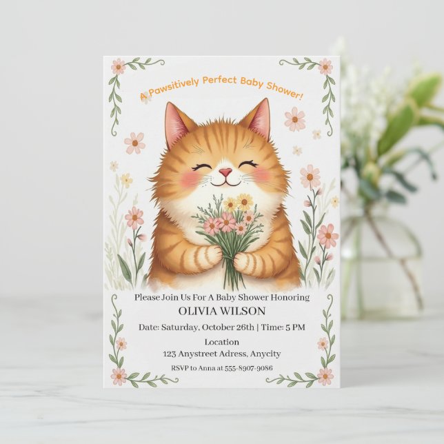 Invitation Chat orange avec un bouquet de fleurs (Debout devant)
