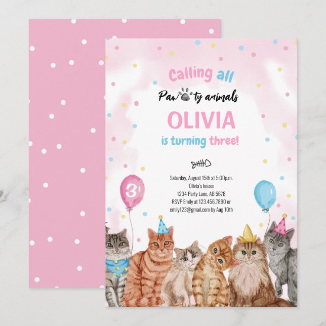 Invitation Chat Pawty Animaux Fille Anniversaire (Devant / Derrière)