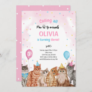 Invitation Chat Pawty Animaux Fille Anniversaire