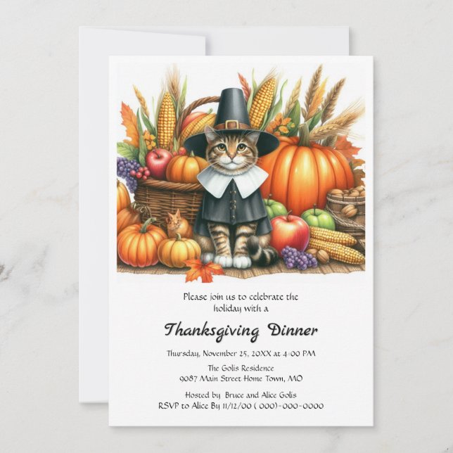 Invitation Chat pèlerin de Thanksgiving et citrouilles  (Devant)