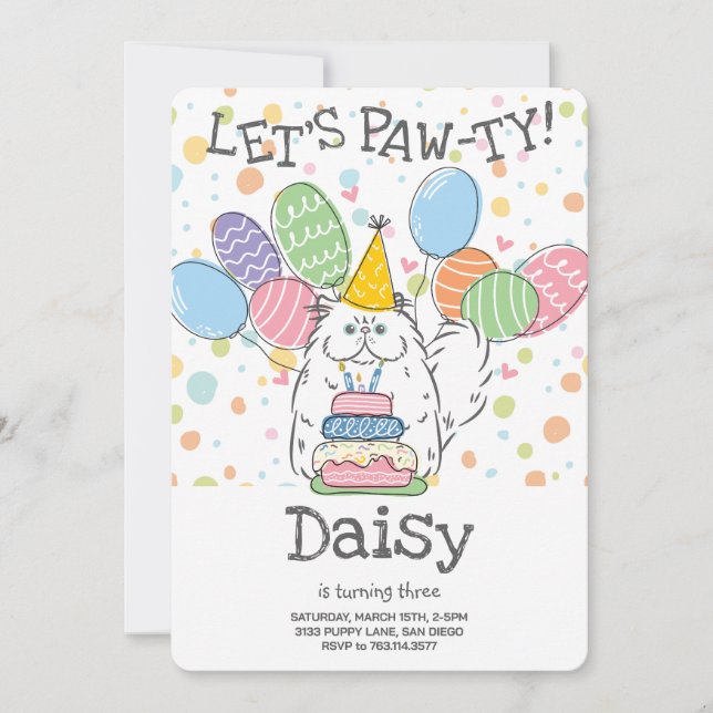 Invitation Chat Perse Blanc Longhair fête d'anniversaire (Devant)