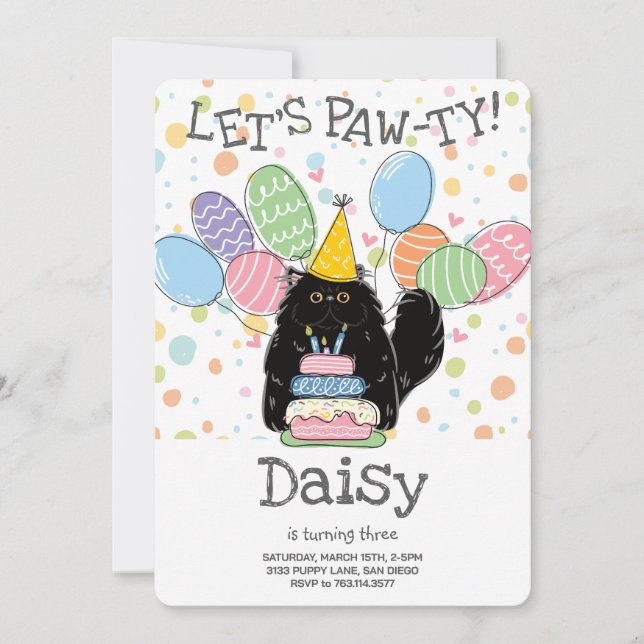 Invitation Chat Perse Noir Longhair fête d'anniversaire (Devant)