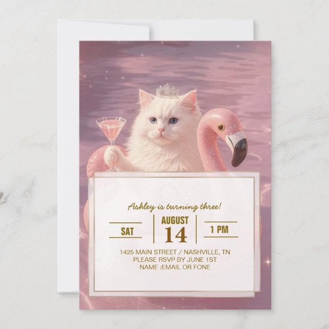 Invitation Chat Princesse Luxe sur Flotteur de Piscine Flaman (Devant)