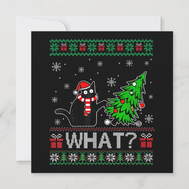 Invitation Chat quoi drôle Chat noir poussant l'arbre de Noël (Devant)
