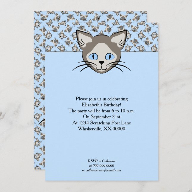 Invitation Chat Siamese Blue Eyed face Motif d'art graphique (Devant / Derrière)