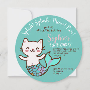 Invitation Chat Sirène Bleu Ronde Fille Anniversaire Purrmaid