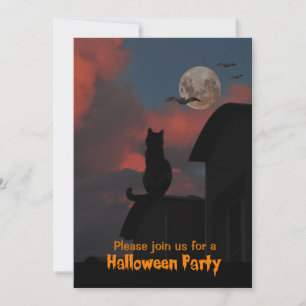 Invitation Chat sur le toit avec une pleine lune Halloween