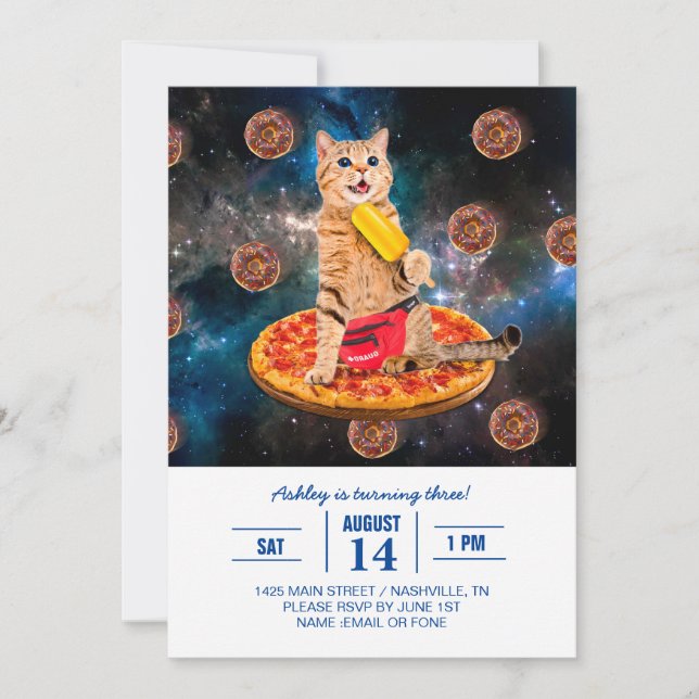 Invitation Chat sur une pizza mangeant de la glace lolly (Devant)