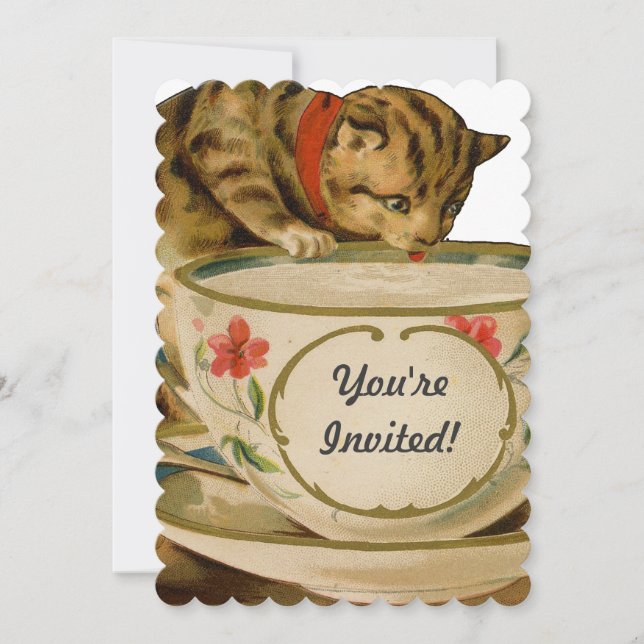 Invitation Chat Tasse à Thé Mignon Vintage Victorien Animal C (Devant)