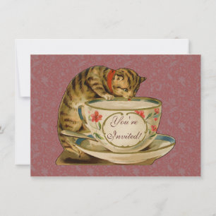 Invitation Chat Tasse à Thé Mignon Vintage Victorien Animal C