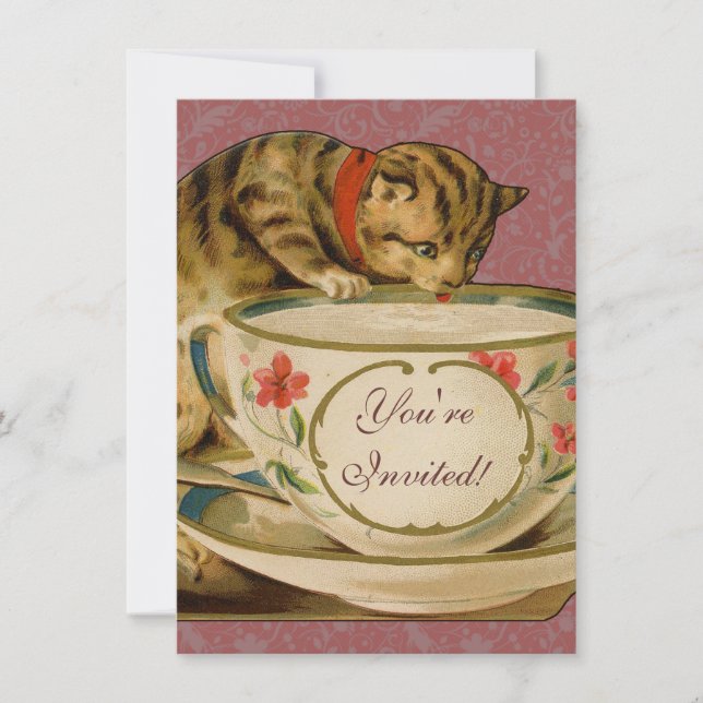 Invitation Chat Tasse à Thé Mignon Vintage Victorien Animal C (Devant)