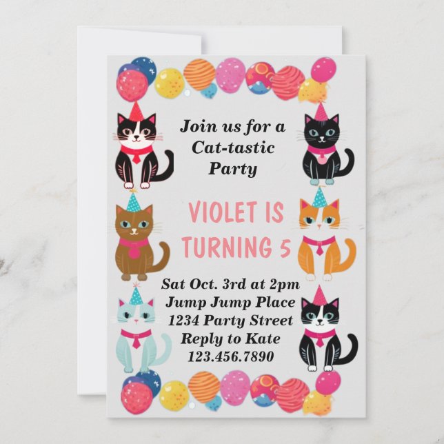Invitation Chat Tastic Kitty Chat Anniversaire Fête Avec Huil (Devant)